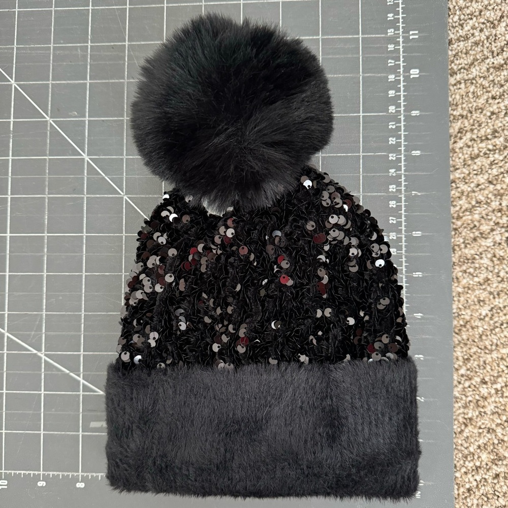 Girls Beanie Black Sequin Pom Pom NWT